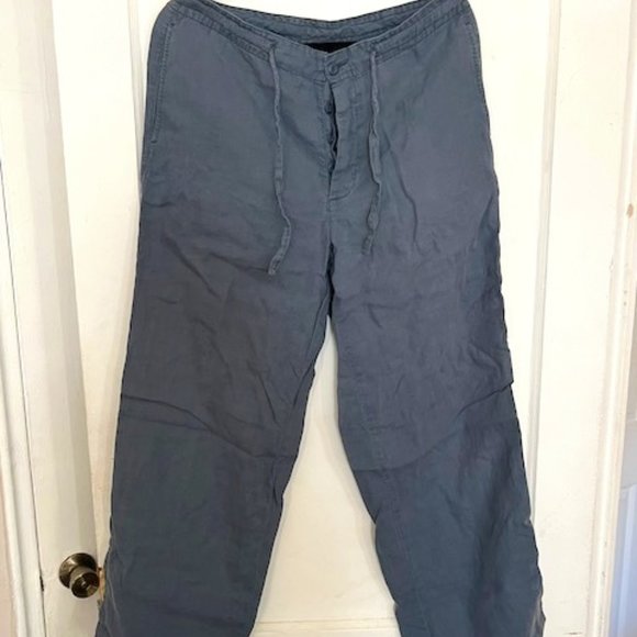 Slate Blue Straight Leg 100% Linen Drawstring Pants - Express - Picture 1 of 4